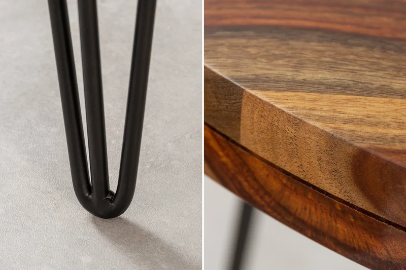 Table à manger ronde MAKASSAR 120cm bois massif de Sheesham marron finition pierre pieds épingles