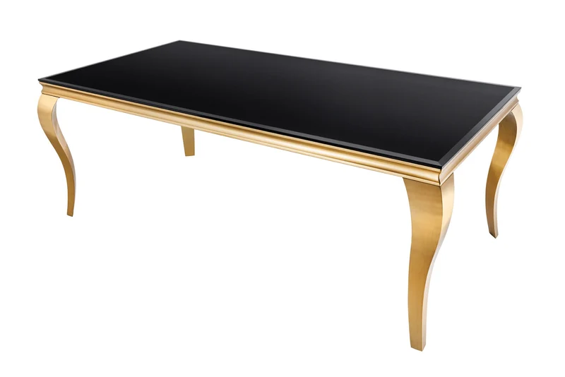 Table à manger au design élégant et moderne de style baroque, 200 cm, plateau en acier inoxydable noir et or, verre opale