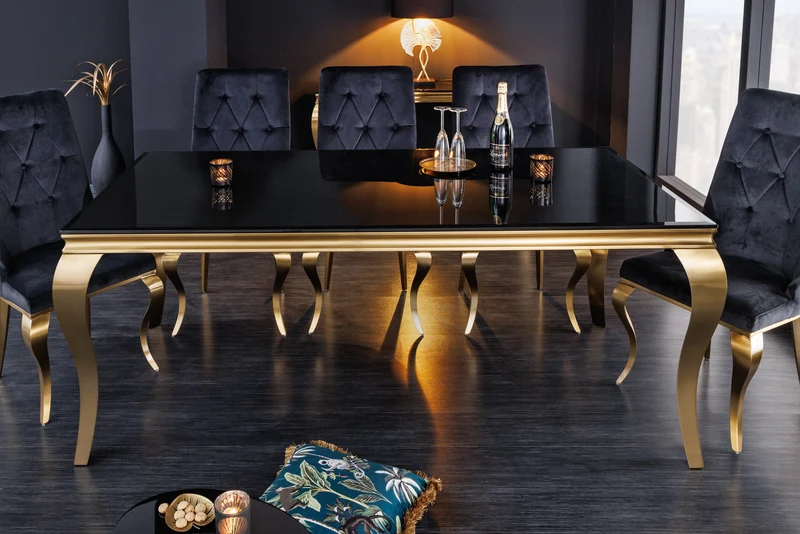 Table à manger au design élégant et moderne de style baroque, 200 cm, plateau en acier inoxydable noir et or, verre opale