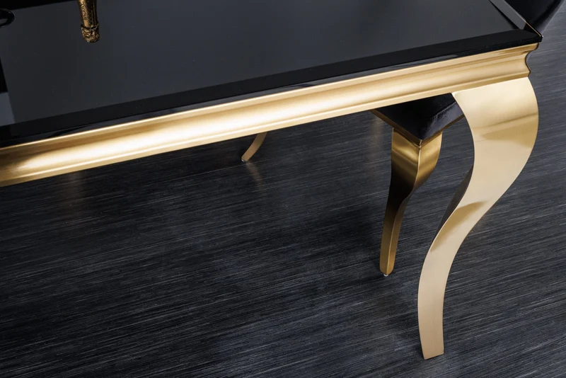 Table à manger au design élégant et moderne de style baroque, 200 cm, plateau en acier inoxydable noir et or, verre opale