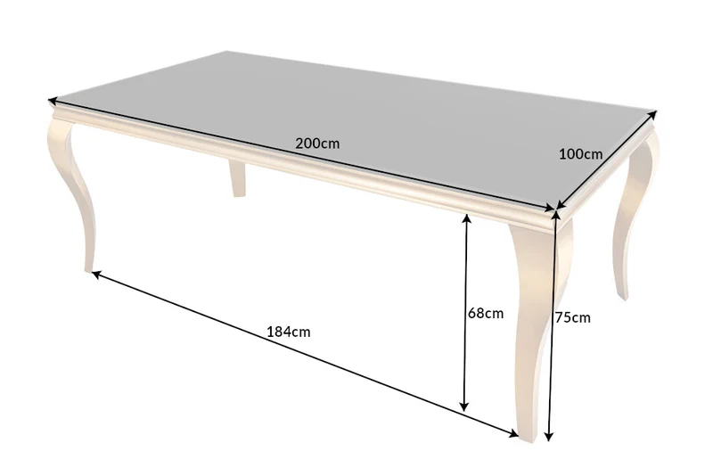 Table à manger au design élégant et moderne de style baroque, 200 cm, plateau en acier inoxydable noir et or, verre opale