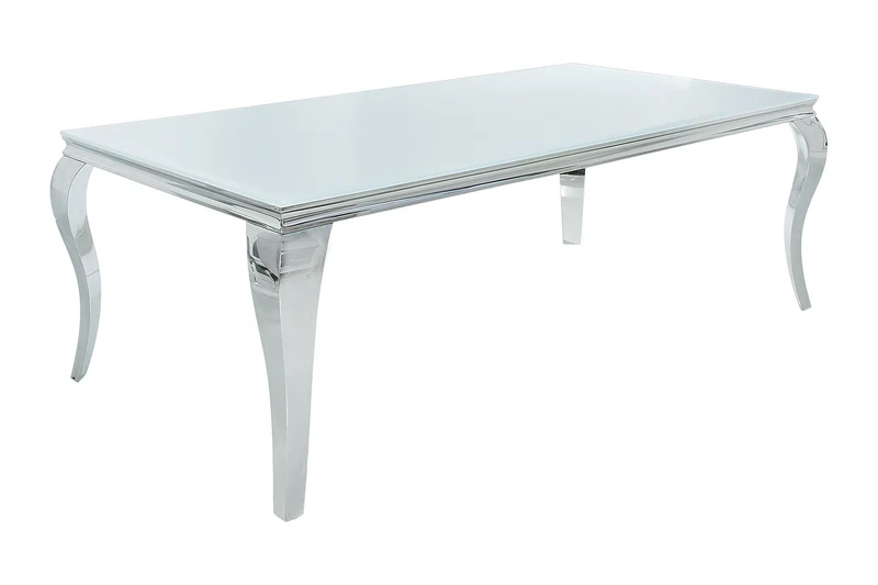 Table à manger au design élégant et moderne de style baroque, 200 cm, plateau en acier inoxydable blanc et verre opale