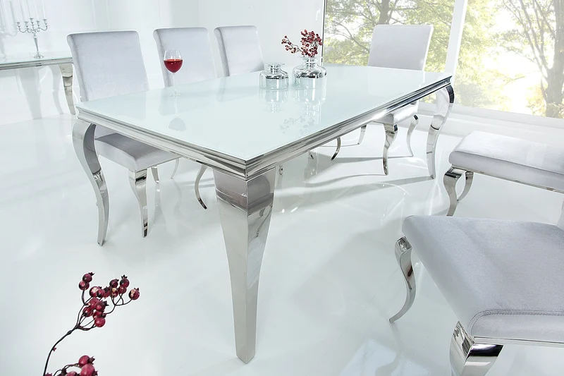 Table à manger au design élégant et moderne de style baroque, 200 cm, plateau en acier inoxydable blanc et verre opale