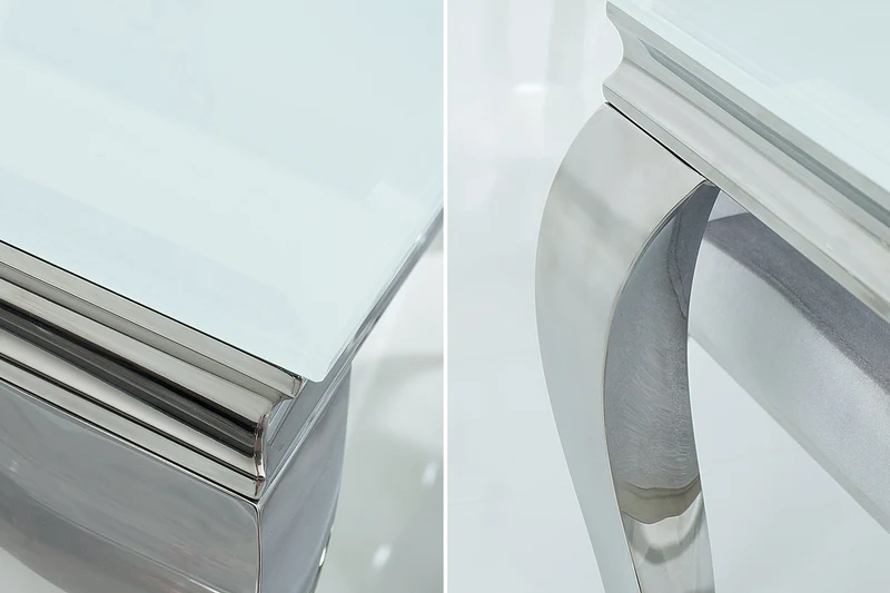 Table à manger au design élégant et moderne de style baroque, 200 cm, plateau en acier inoxydable blanc et verre opale