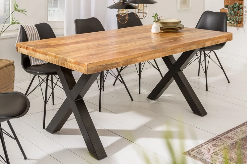 Table à manger solide IRON CRAFT 160cm en bois de manguier naturel design industriel métal noir
