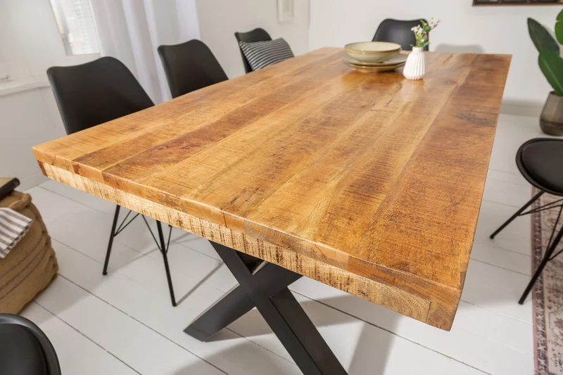 Table à manger solide IRON CRAFT 160cm en bois de manguier naturel design industriel métal noir