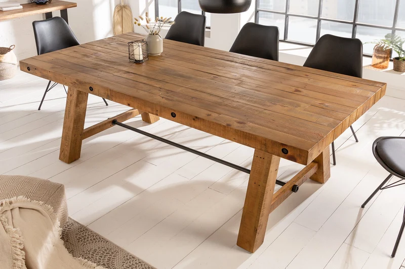 Table à manger solide FINCA 200 cm vintage marron en pin recyclé design industriel
