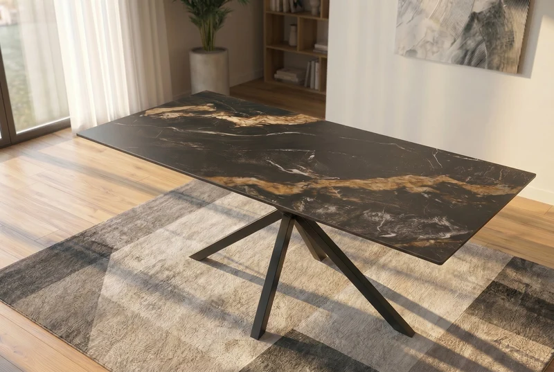 Table à manger moderne GALAXIE 160cm Aurora Oro céramique sable or noir