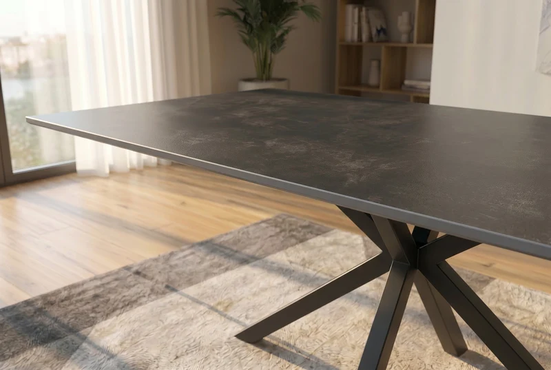Table à manger moderne GALAXIE 180cm céramique anthracite structure étoile métal noir