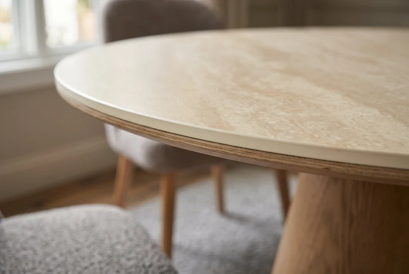Table à manger ronde UNIQUE 120cm chêne marron clair naturel piètement colonne en céramique travertin