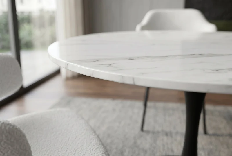 Table à manger ronde LYON 80cm table bistro marbre blanc céramique piètement pilier noir