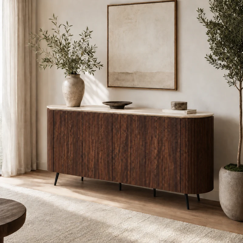 Buffet STONEA plateau céramique noyer 4 portes 180x40x85cm