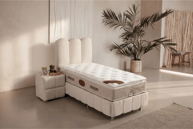 Lit coffre Eva blanc cassé tissus chenille