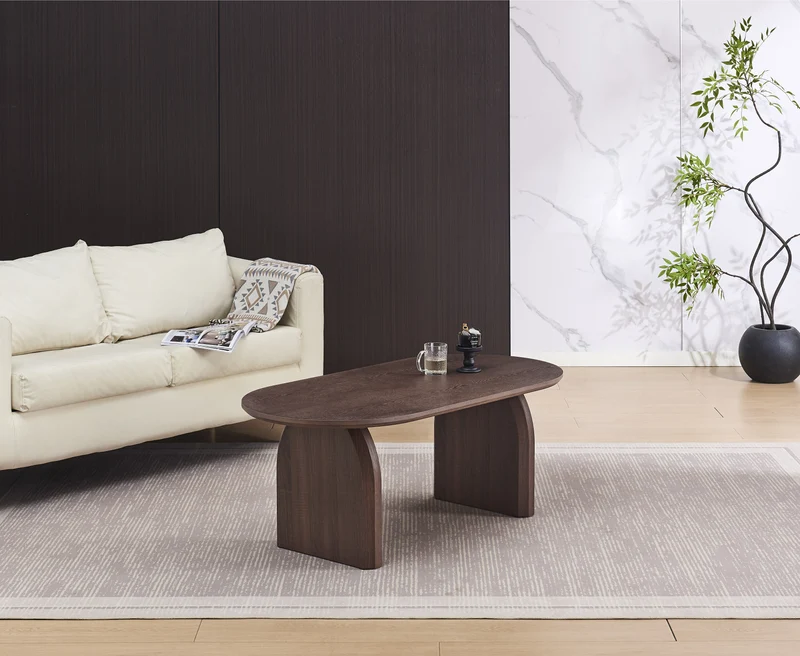 Table basse FLUIDE, plateau et pieds effet noyer 120cm