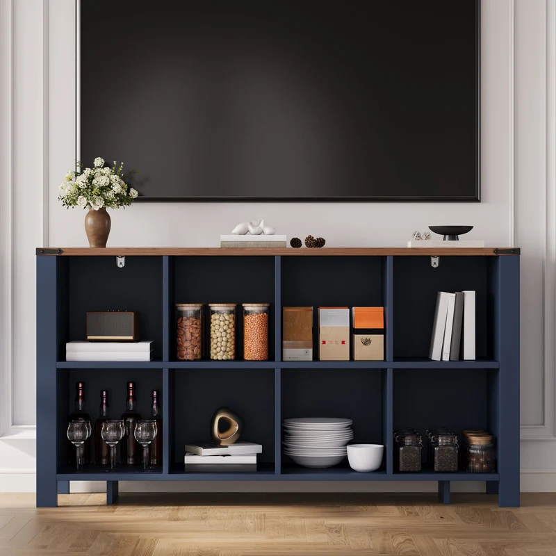 Buffet de rangement 8 compartiments ouverts avec plateau finition bois 140cm RUSTICLEATHERELITE