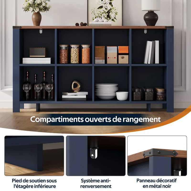 Buffet de rangement 8 compartiments ouverts avec plateau finition bois 140cm RUSTICLEATHERELITE