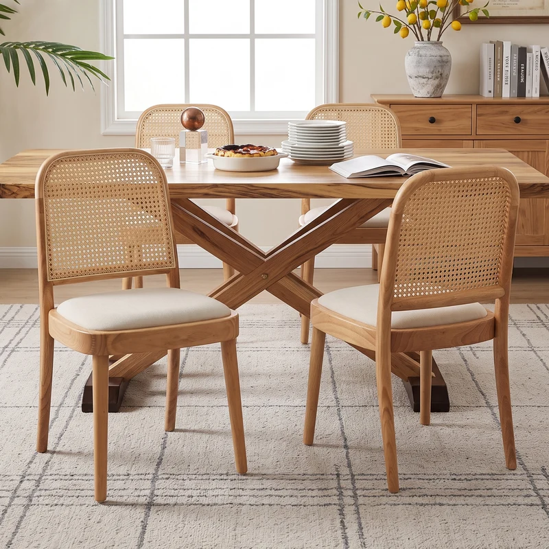 Lot de 2 chaises de salle à manger en bois, cannage et lin beige RUSTICELITE