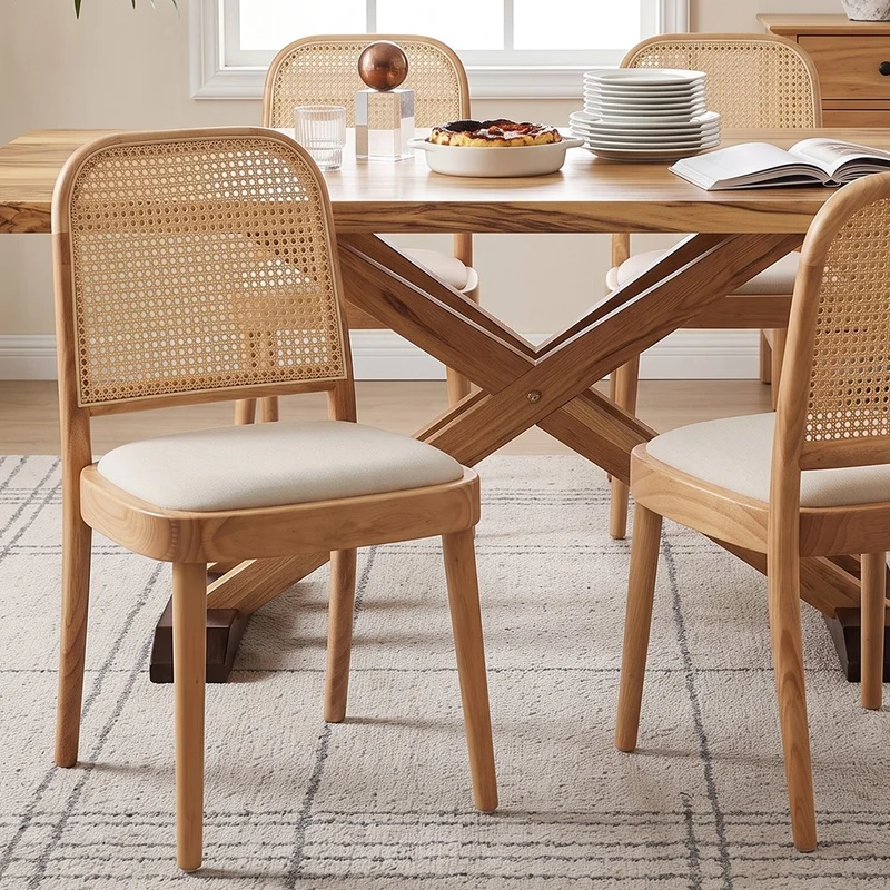 Lot de 2 chaises de salle à manger en bois, cannage et lin beige RUSTICELITE