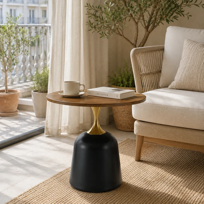 Table d’appoint ronde effet noyer, métal noir et doré, style nordique chic 60cm RUSTICWARDROBEHOME