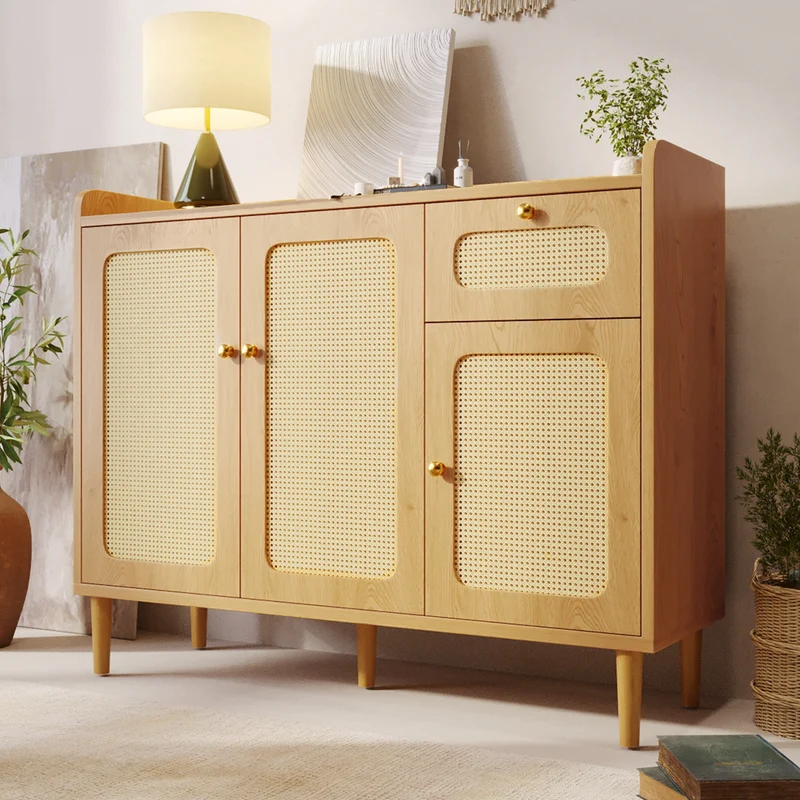 Buffet effet chêne avec cannage 3 portes 1 tiroir 120x40x91cm RUSTICWALLHOME