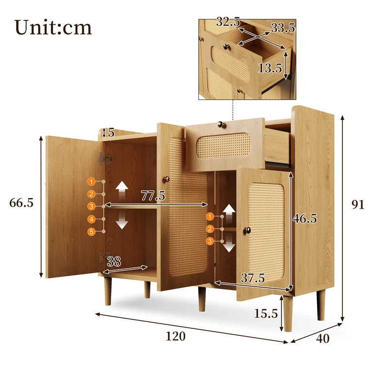 Buffet effet chêne avec cannage 3 portes 1 tiroir 120x40x91cm RUSTICWALLHOME
