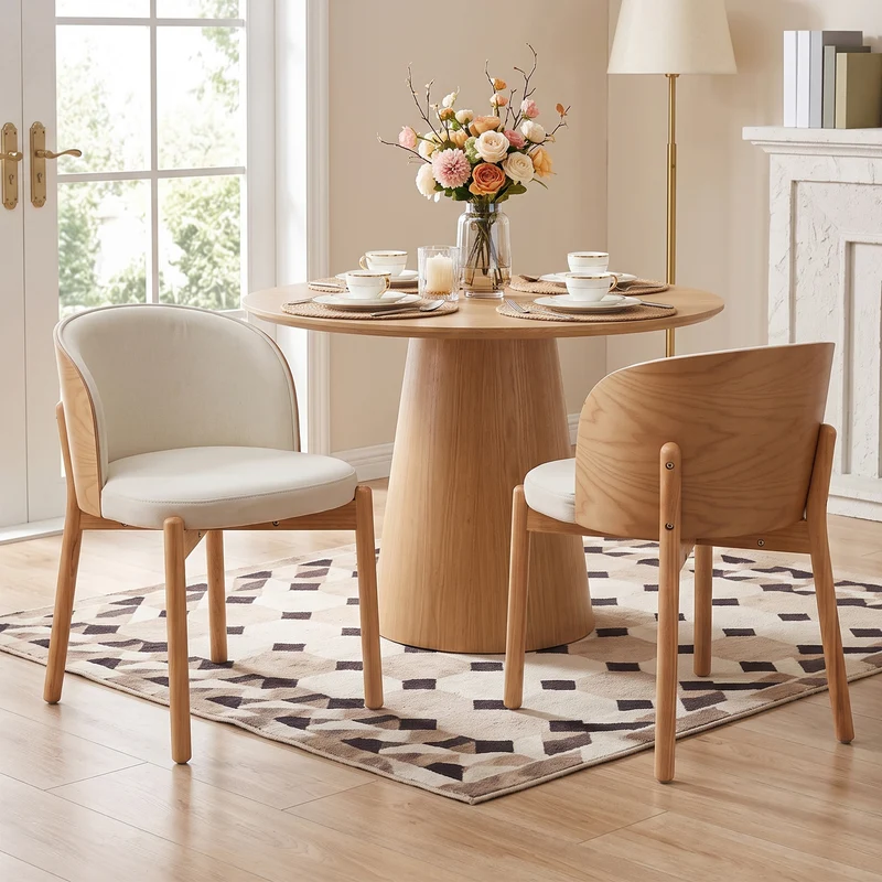 Lot de 2 chaises de salle à manger dossier incurvé en bois clair, tissu lin blanc RUSTICFLOOR
