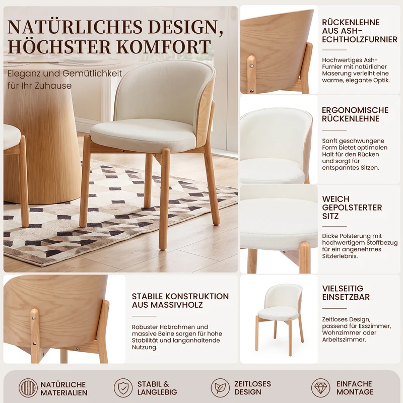 Lot de 2 chaises de salle à manger dossier incurvé en bois clair, tissu lin blanc RUSTICFLOOR