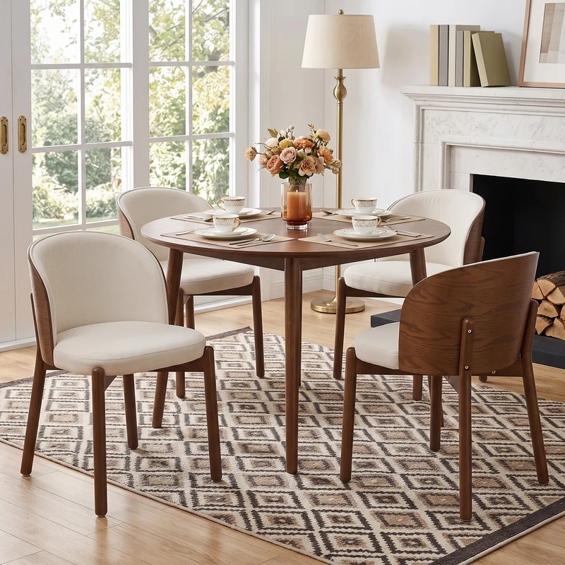Lot de 2 chaises de salle à manger dossier incurvé en bois noyer, tissu lin blanc RUSTICFLOORHOME