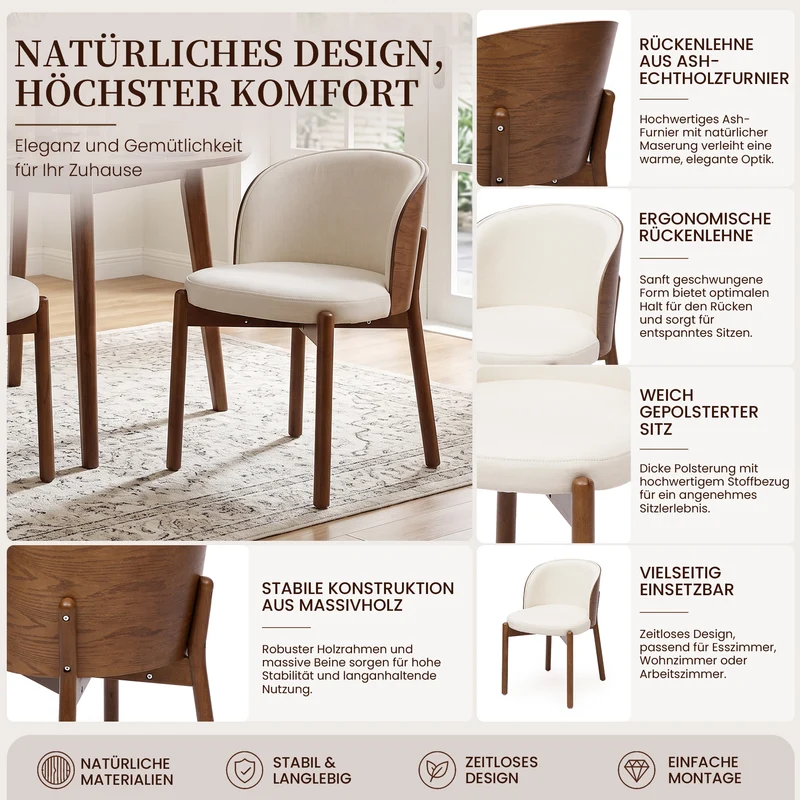 Lot de 2 chaises de salle à manger dossier incurvé en bois noyer, tissu lin blanc RUSTICFLOORHOME