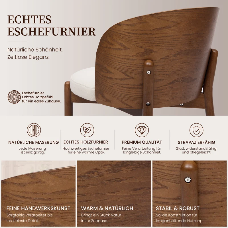 Lot de 2 chaises de salle à manger dossier incurvé en bois noyer, tissu lin blanc RUSTICFLOORHOME