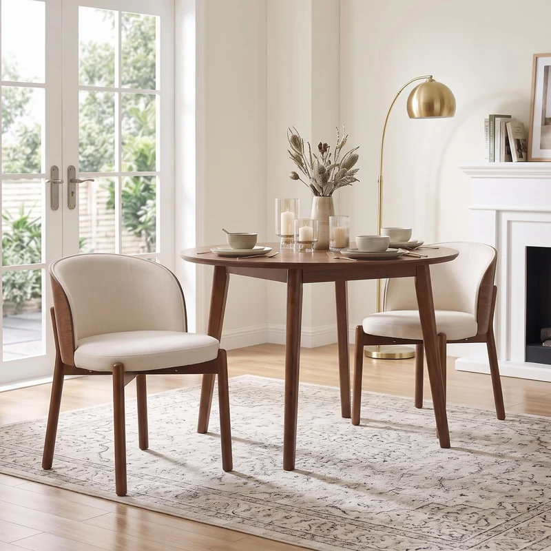 Lot de 2 chaises de salle à manger dossier incurvé en bois noyer, tissu lin blanc RUSTICFLOORHOME