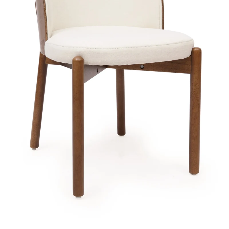 Lot de 2 chaises de salle à manger dossier incurvé en bois noyer, tissu lin blanc RUSTICFLOORHOME