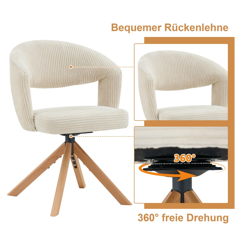 Lot de 2 chaises de salle à manger pivotantes 360° velours côtelé crème RUSTICWARDROBESET
