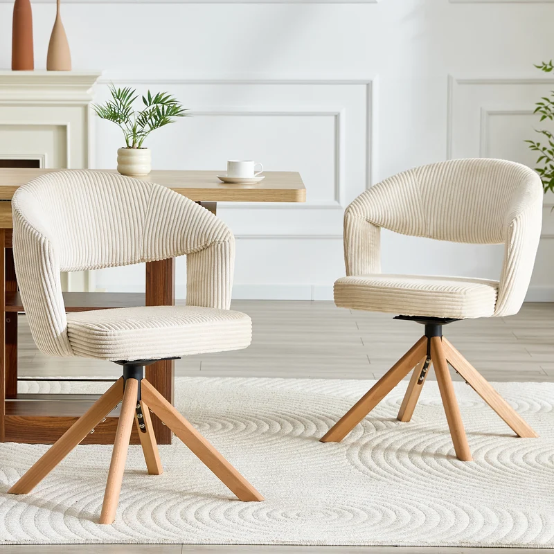 Lot de 2 chaises de salle à manger pivotantes 360° velours côtelé crème RUSTICWARDROBESET