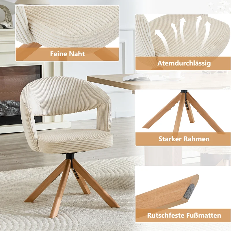 Lot de 2 chaises de salle à manger pivotantes 360° velours côtelé crème RUSTICWARDROBESET