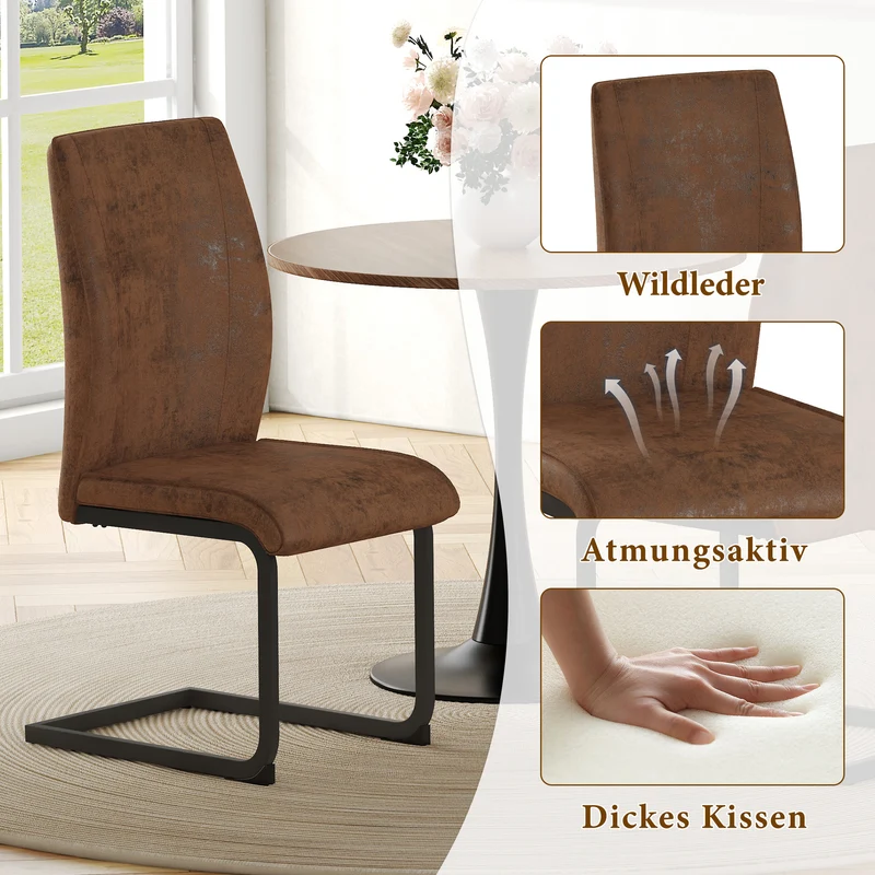 Lot de 2 chaises de salle à manger marron en tissu, pieds noirs métalliques