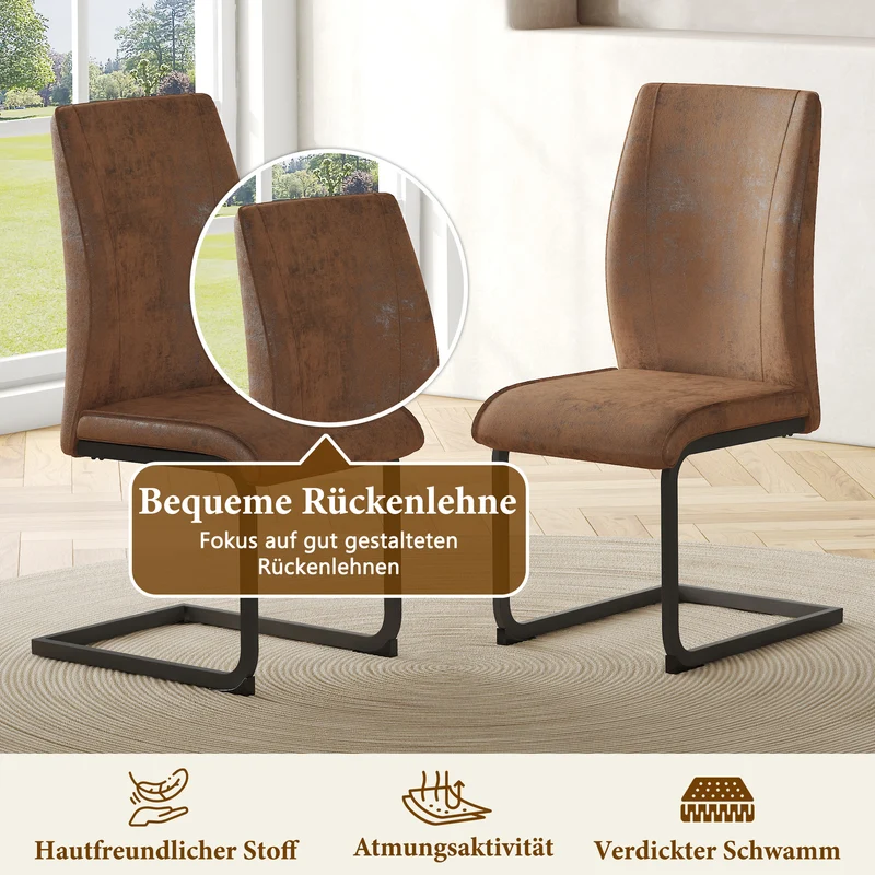 Lot de 2 chaises de salle à manger marron en tissu, pieds noirs métalliques