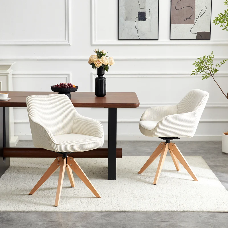 Lot de 2 chaises pivotantes velours côtelé écru, pieds bois SCANDINAVIANSTEELPLU