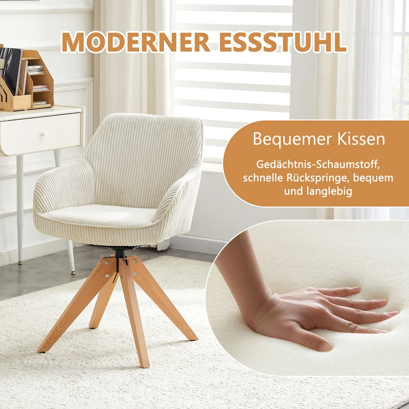 Lot de 2 chaises pivotantes velours côtelé écru, pieds bois SCANDINAVIANSTEELPLU