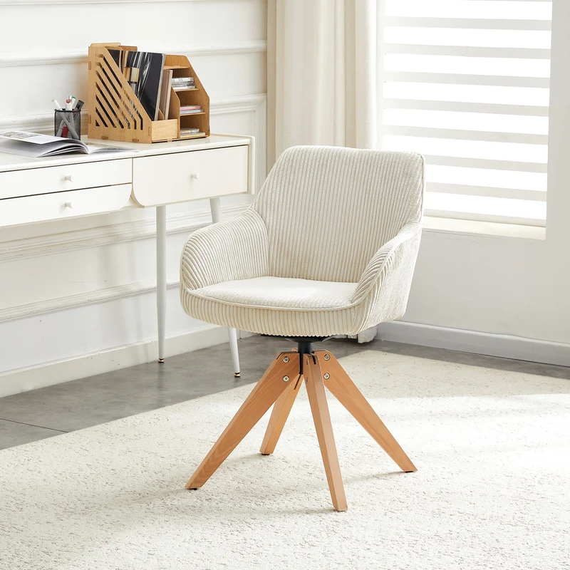 Lot de 2 chaises pivotantes velours côtelé écru, pieds bois SCANDINAVIANSTEELPLU
