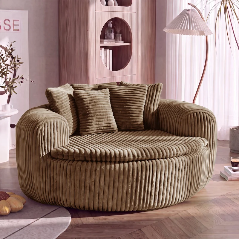 Fauteuil round lounge XXL en velours côtelé camel, 5 coussins 145x133cm RUSTICDESKART