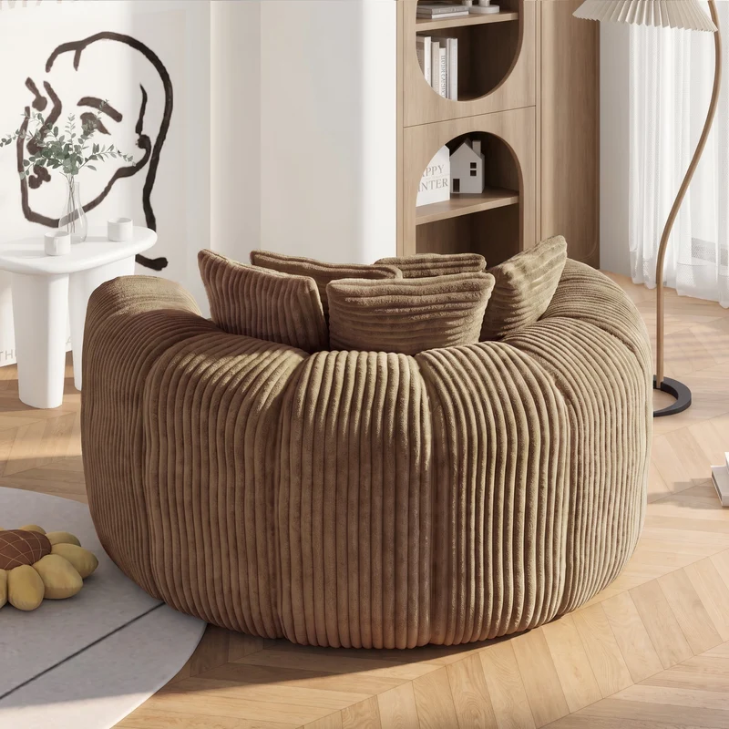 Fauteuil round lounge XXL en velours côtelé camel, 5 coussins 145x133cm RUSTICDESKART