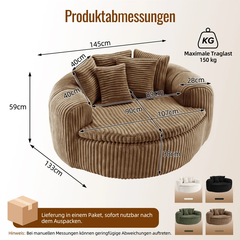 Fauteuil round lounge XXL en velours côtelé camel, 5 coussins 145x133cm RUSTICDESKART