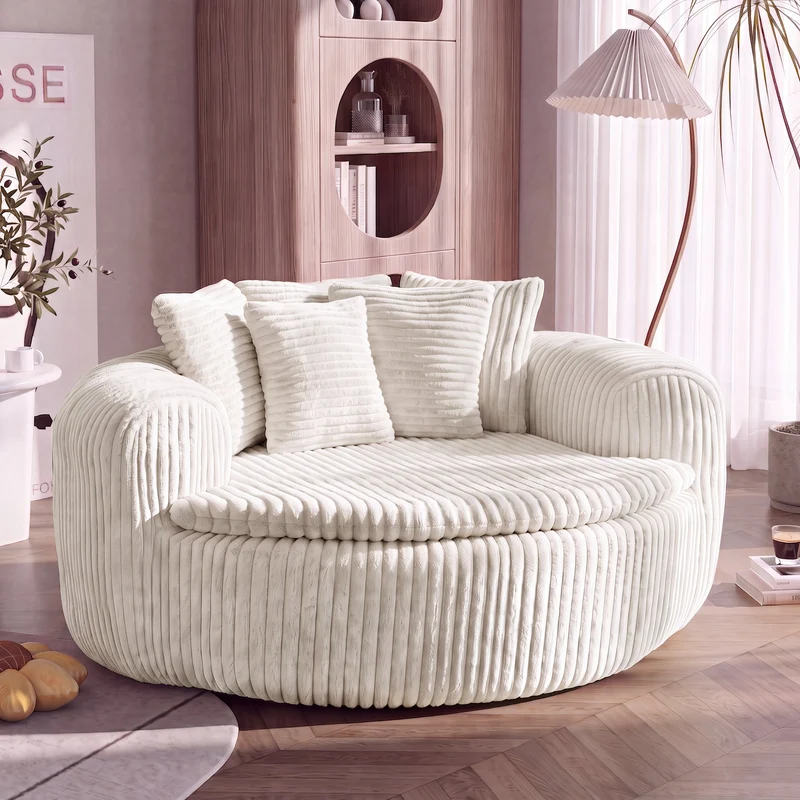 Fauteuil round lounge XXL en velours côtelé beige, 5 coussins 145x133cm RUSTICDESKSET