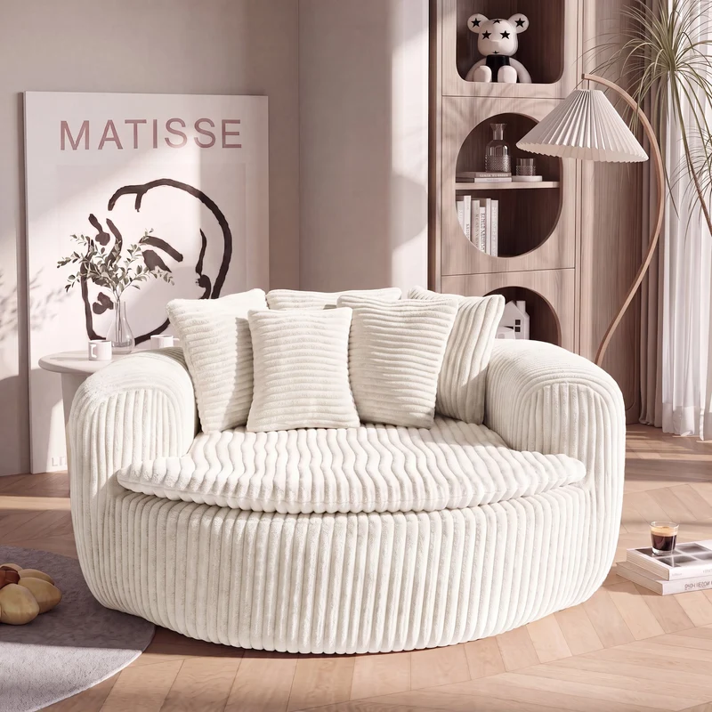 Fauteuil round lounge XXL en velours côtelé beige, 5 coussins 145x133cm RUSTICDESKSET