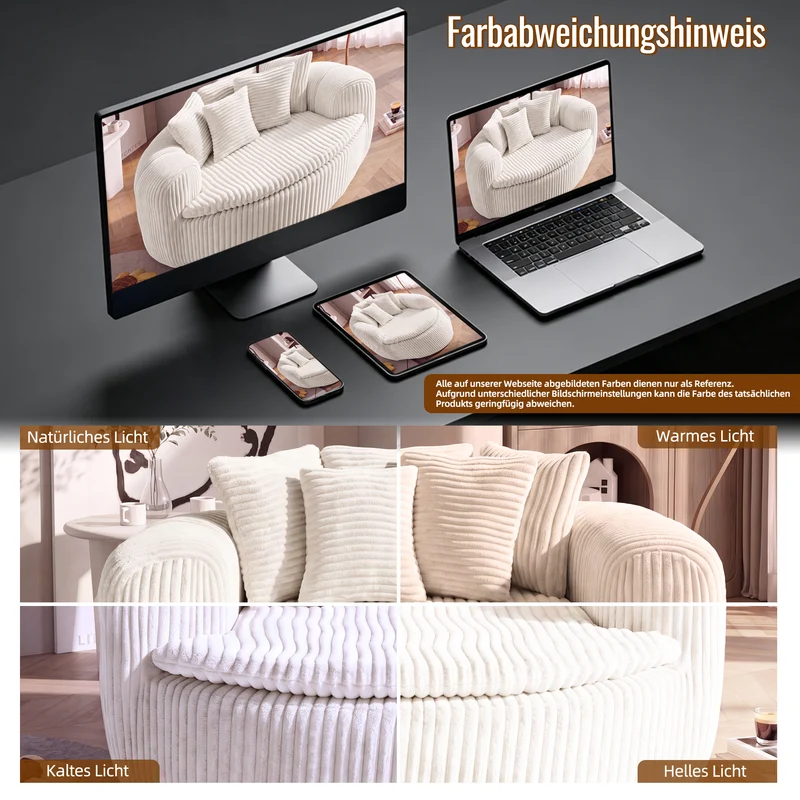 Fauteuil round lounge XXL en velours côtelé beige, 5 coussins 145x133cm RUSTICDESKSET