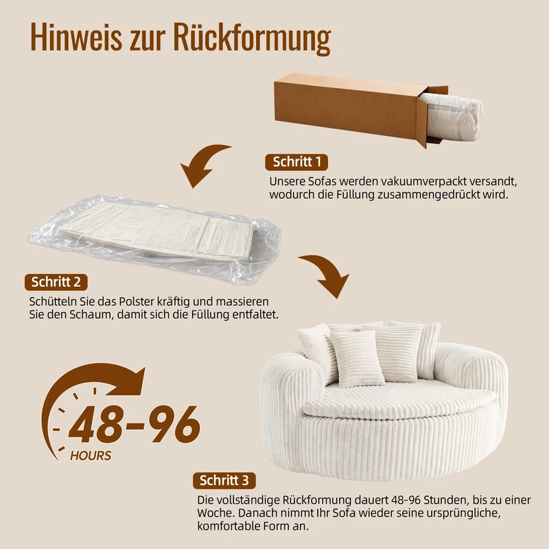 Fauteuil round lounge XXL en velours côtelé beige, 5 coussins 145x133cm RUSTICDESKSET