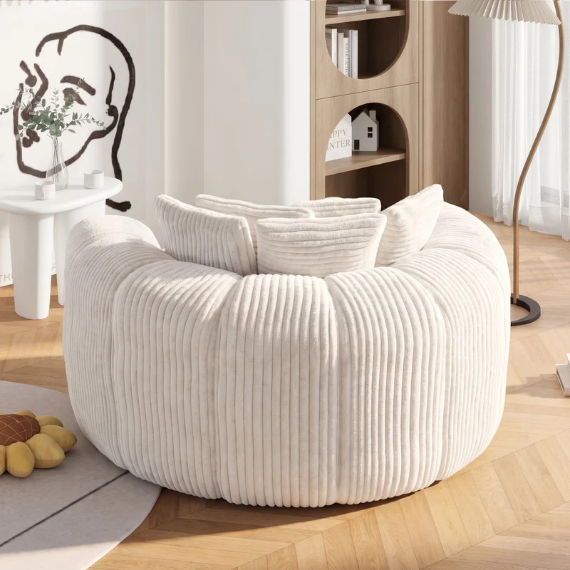 Fauteuil round lounge XXL en velours côtelé beige, 5 coussins 145x133cm RUSTICDESKSET