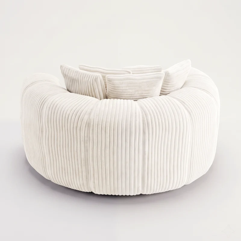 Fauteuil round lounge XXL en velours côtelé beige, 5 coussins 145x133cm RUSTICDESKSET