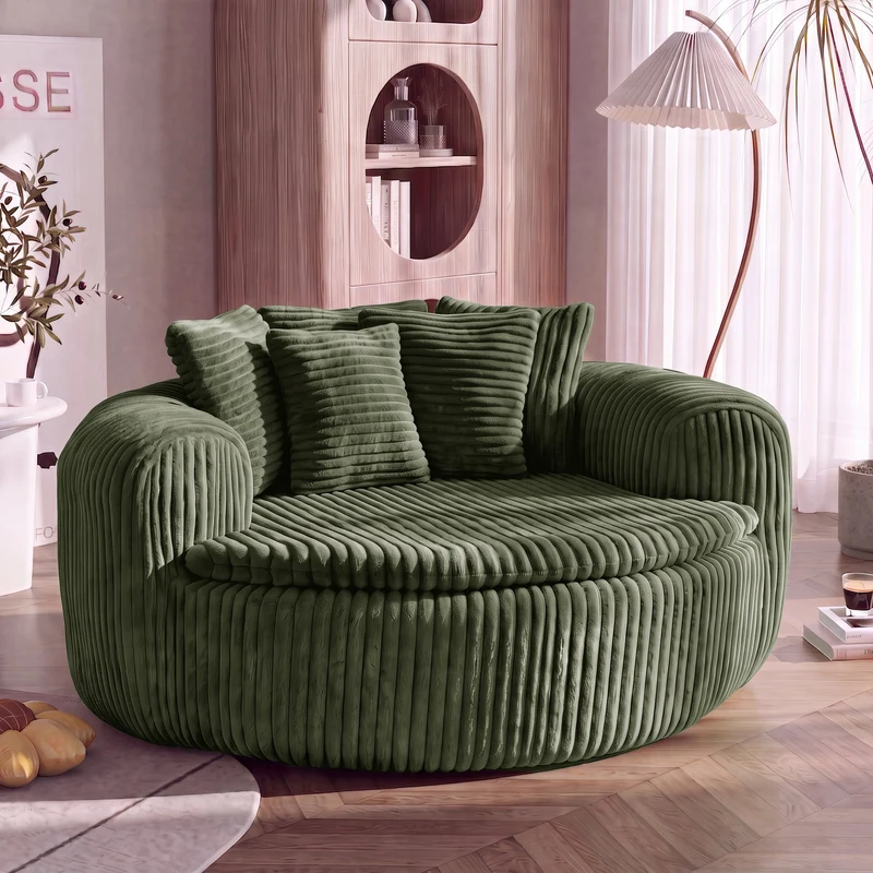 Fauteuil round lounge XXL en velours côtelé vert olive, 5 coussins 145x133cm RUSTICDRESSERSET